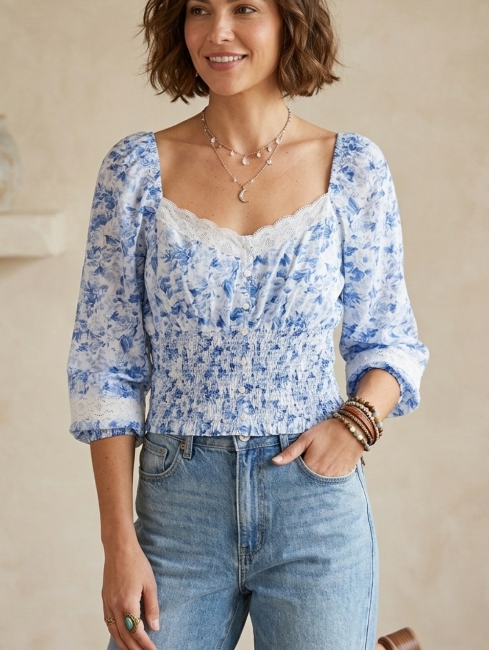 American Eagle Blue Floral Smocked Square Neck Lace Trim Boho Blouse XL